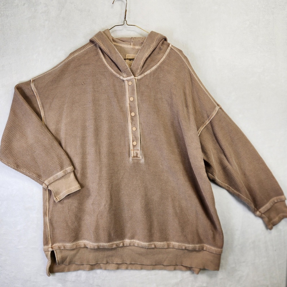 Aerie Mens Tan Corded Waffle Knit Henley Hoodie Oversized XL Pullover Sweatshirt